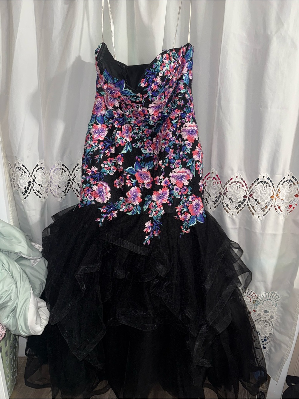 Mon Cheri Black Dress with Pink and Blue Floral Embroidery